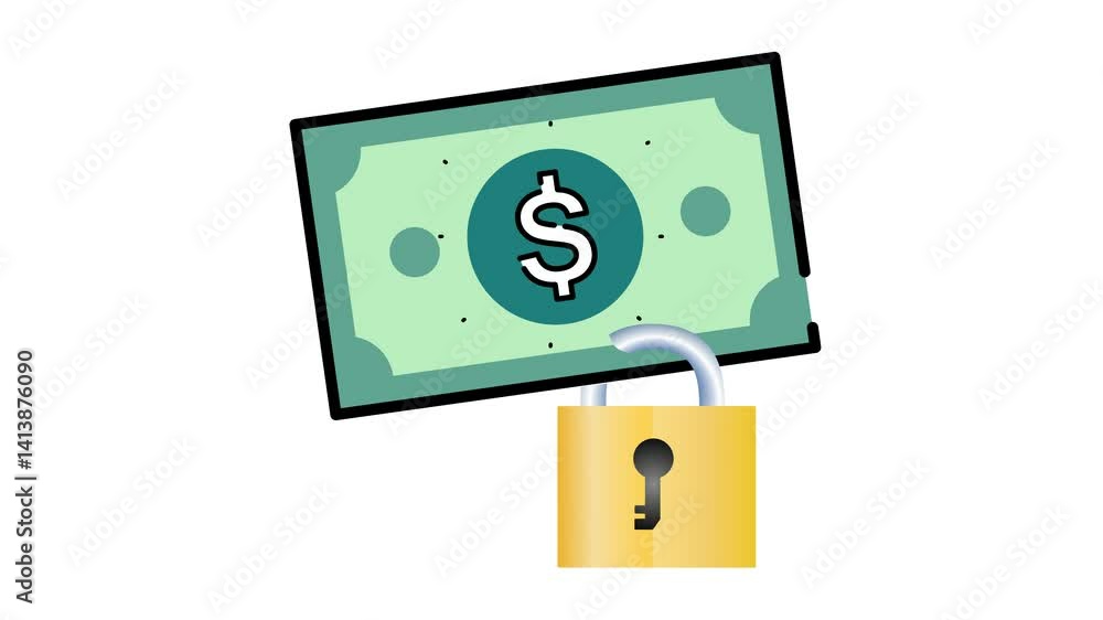 Secured payment cartoon animation. Financial security icon. Locked funds symbol. Protected money sign. Alpha channel. Seamless looping. Secured payment cartoon animation. Financial security icon. Locked funds symbol. Protected money sign. Alpha channel. Seamless looping.