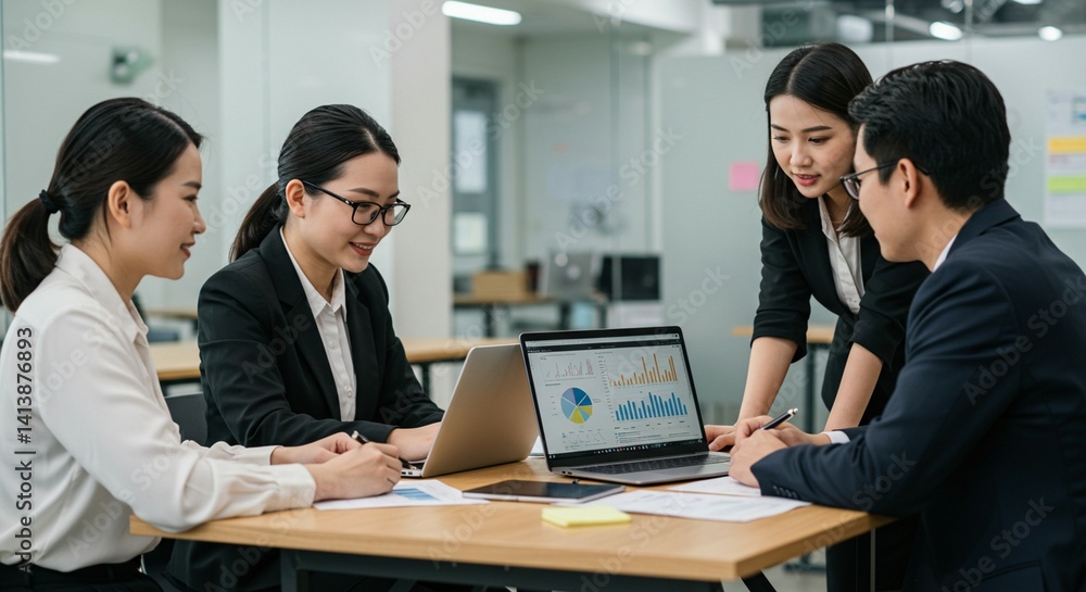 Business team meeting in a modern office, discussing data around a table with a laptop. Business team meeting in a modern office, discussing data around a table with a laptop.