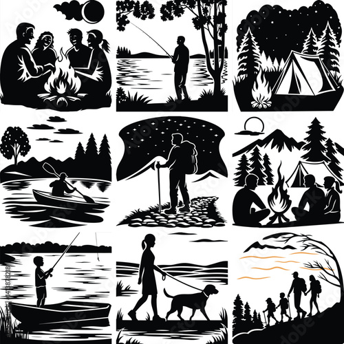 Nine Black and White Illustrations of Outdoor Recreation Activities