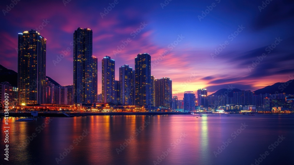Vibrant Twilight Cityscape: Hong Kong's Skyscrapers Reflecting on Calm Waters Vibrant Twilight Cityscape: Hong Kong's Skyscrapers Reflecting on Calm Waters