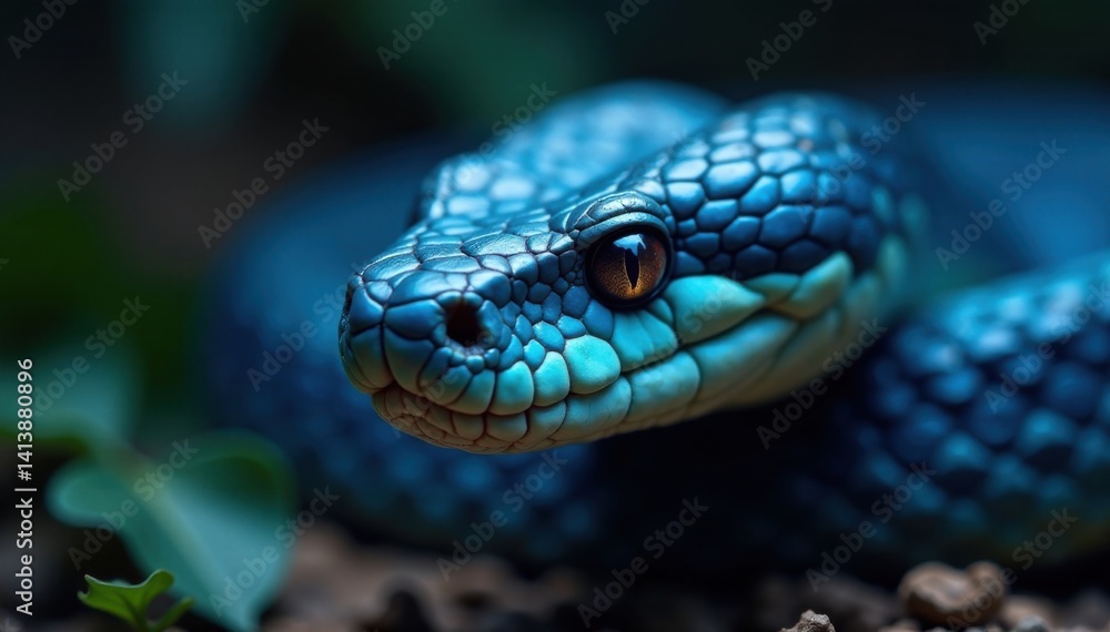 Headshot of blue viper snake with sharp teeth and piercing stare, snake, close-up, animal Headshot of blue viper snake with sharp teeth and piercing stare, snake, close-up, animal