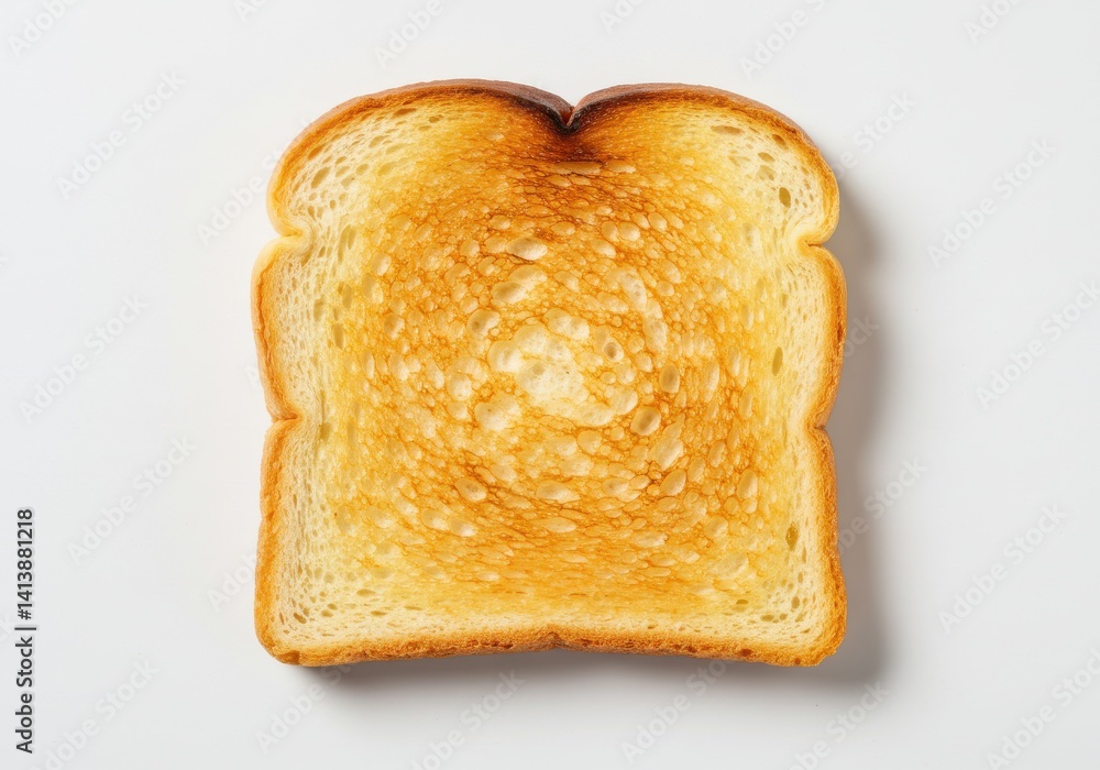 A single slice of golden brown toast on a white background in a centered top down studio shot view A single slice of golden brown toast on a white background in a centered top down studio shot view