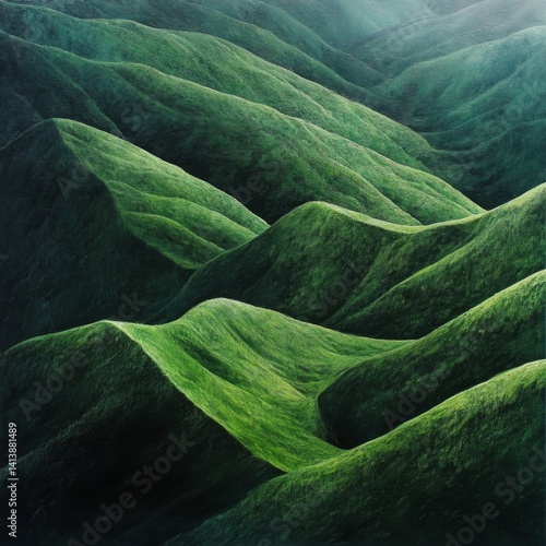 Verdant rolling hill covered with lush green grass blades forming soft undulating shapes and majestic silhouettes.