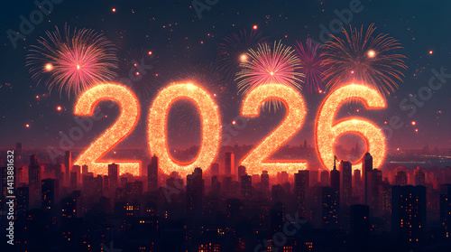 Happy New Year 2026 Fireworks Celebration Over City Skyline