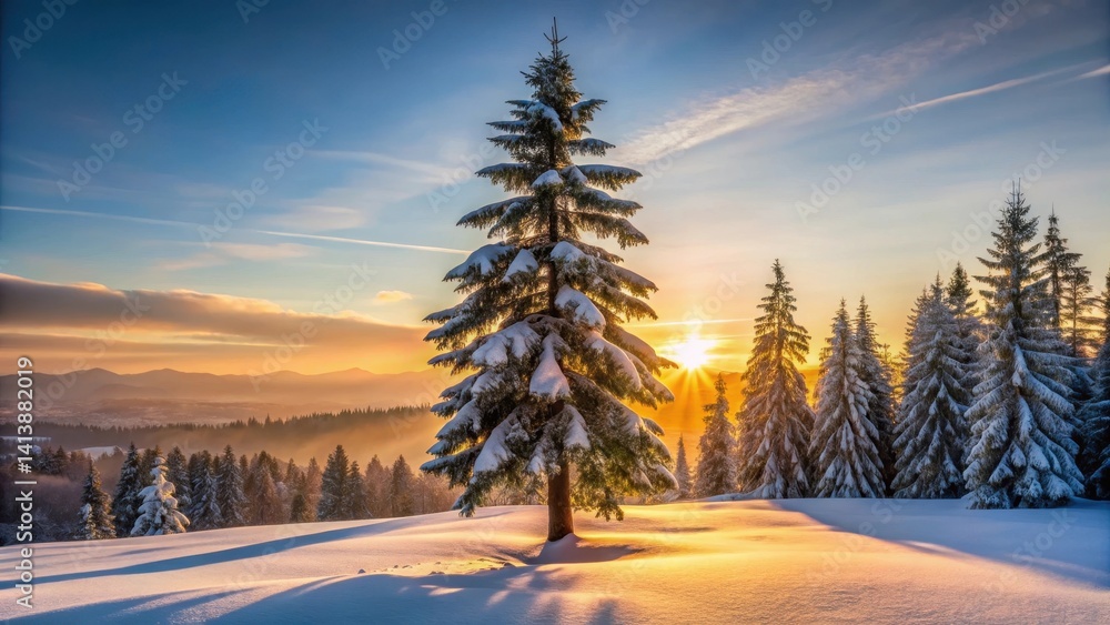 Fototapeta premium A majestic fir tree rises above a blanket of snow in a peaceful winter forest at sunrise, its dark trunk and branches silhouetted against the pale morning light, silhouette, winter tree