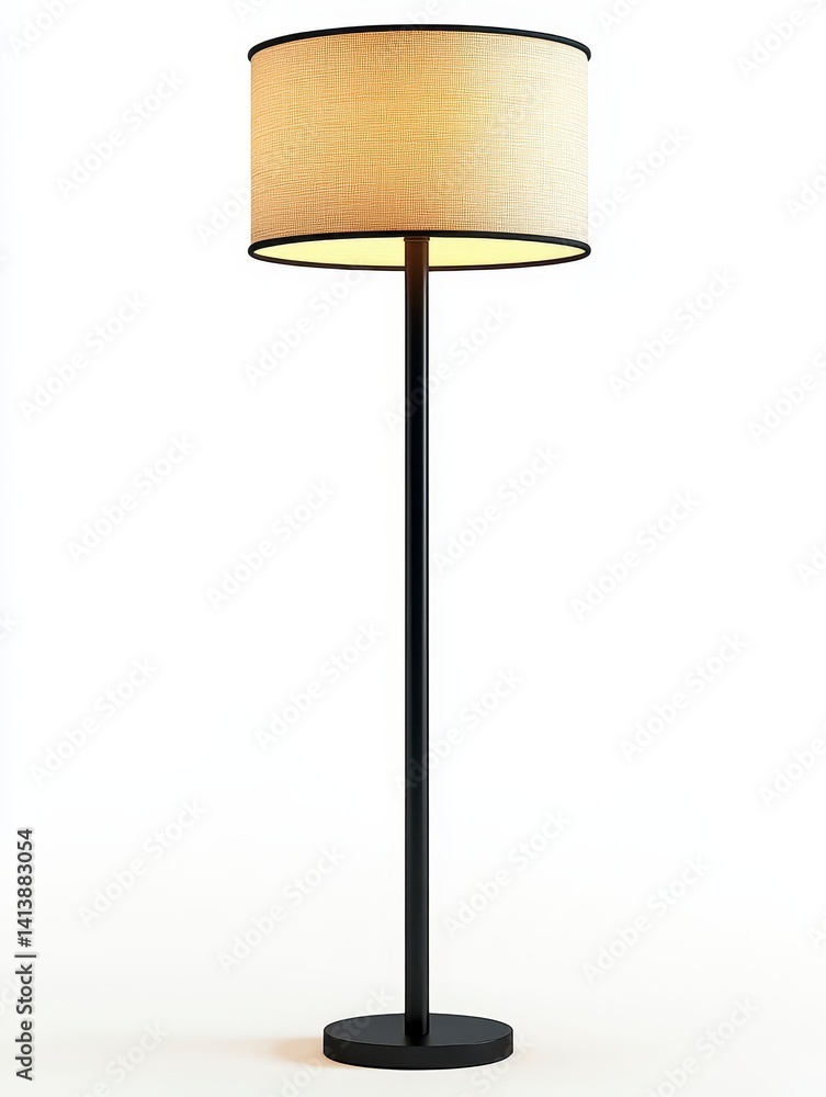 Tall Black Floor Lamp with Beige Cylindrical Shade on White Background Tall Black Floor Lamp with Beige Cylindrical Shade on White Background