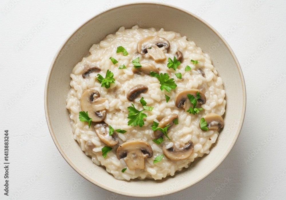 A bowl of mushroom risotto garnished with fresh parsley on a white background in a studio setting A bowl of mushroom risotto garnished with fresh parsley on a white background in a studio setting