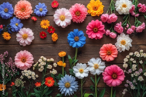 Vibrant Floral Garden Arrangement on Rustic Wooden Backdrop with Colorful Blossoms