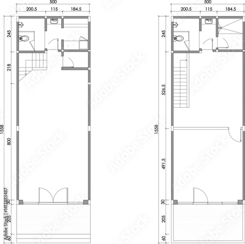 2 dimension floor plan design of store 60 meters squares with house two floor, line black isolated on white background. Set 2