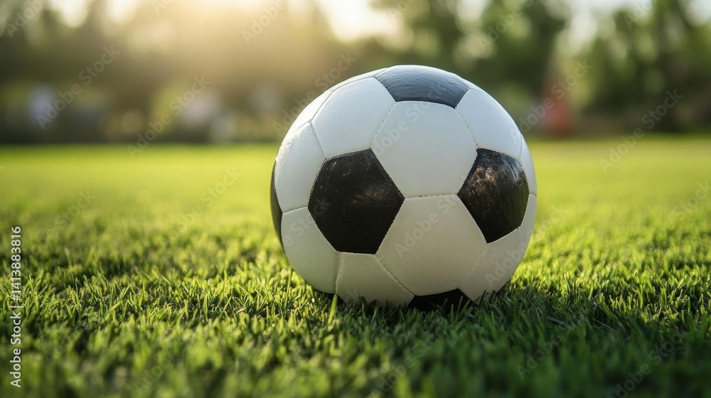 Obraz premium Soccer Ball on Lush Green Field: A Summer Sport Scene