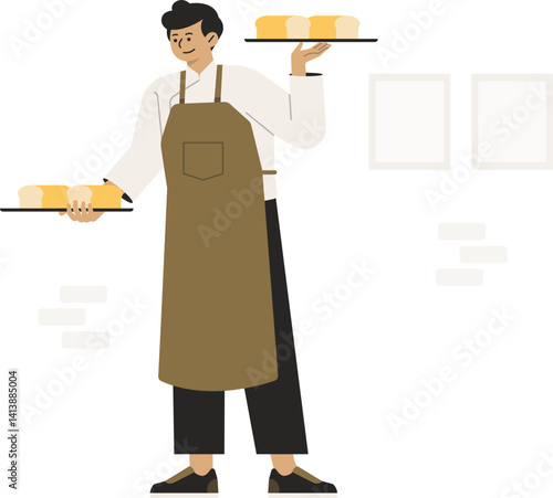 Chef Job Proffesion Baker Bakery Pastry Character Illustration Cake Cooking Bread Food Kitchen Cuisinier Croissant Dough Dessert Sweet Shop Business