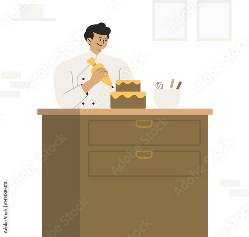 Chef Job Proffesion Baker Bakery Pastry Character Illustration Cake Cooking Bread Food Kitchen Cuisinier Croissant Dough Dessert Sweet Shop Business
