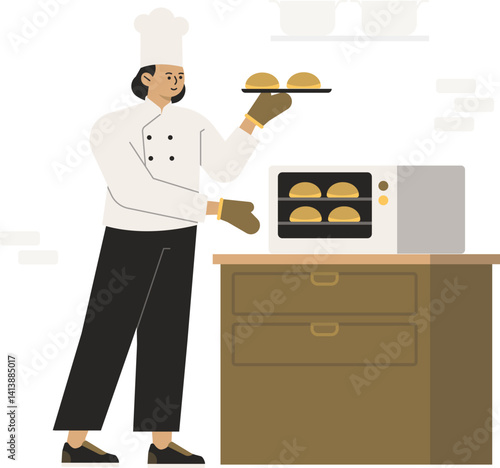 Chef Job Proffesion Baker Bakery Pastry Character Illustration Cake Cooking Bread Food Kitchen Cuisinier Croissant Dough Dessert Sweet Shop Business