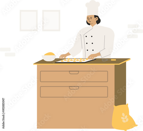 Chef Job Proffesion Baker Bakery Pastry Character Illustration Cake Cooking Bread Food Kitchen Cuisinier Croissant Dough Dessert Sweet Shop Business
