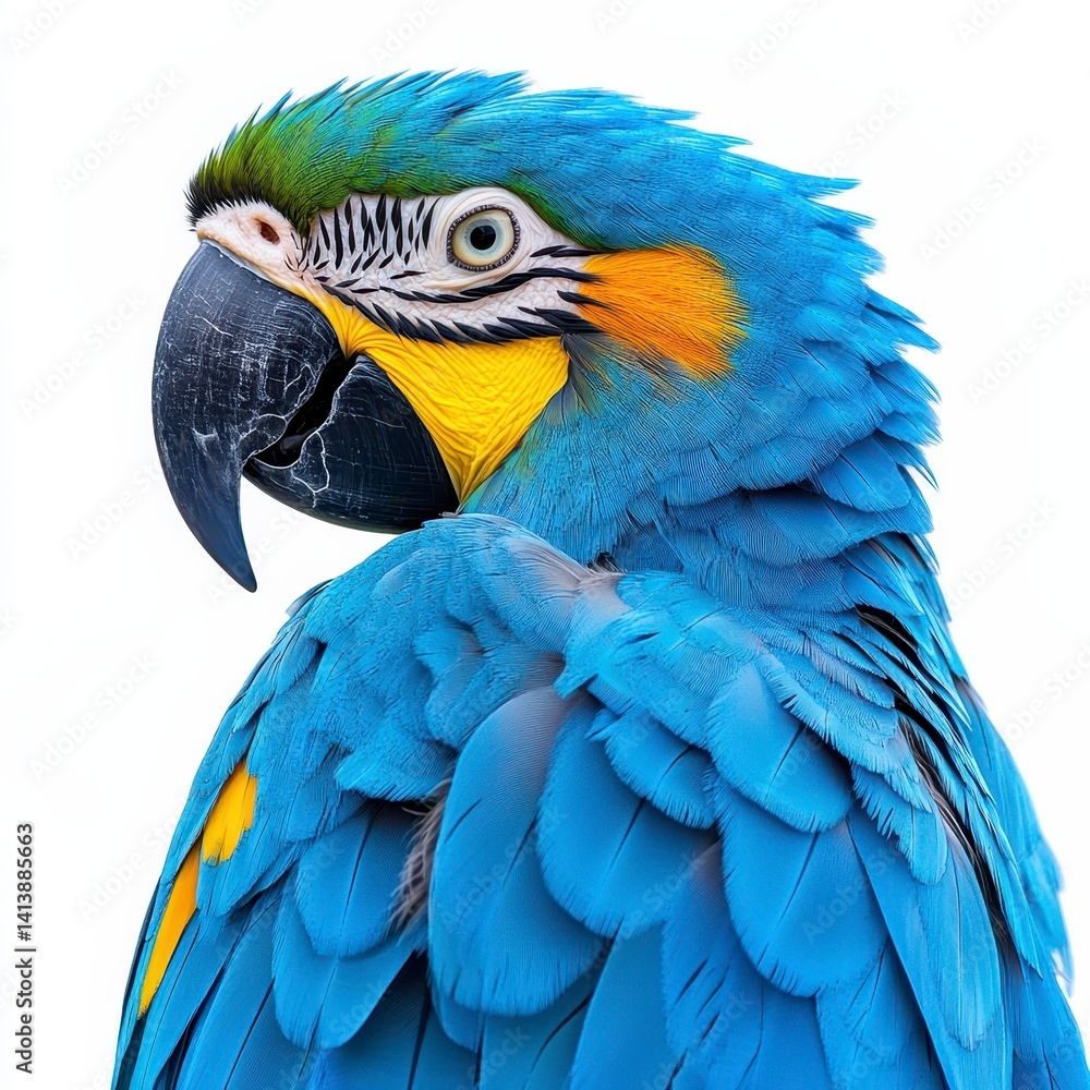 Obraz premium Vibrant Blue Macaw Portrait Against White Background