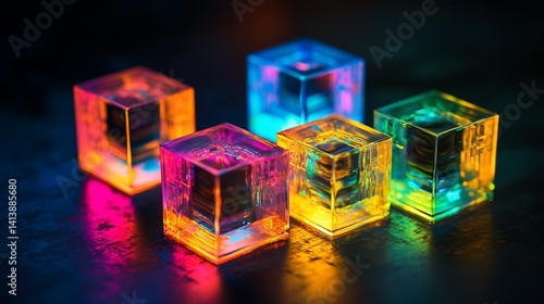 Obraz na płótnie Illuminated Cubes: A Symphony of Neon Colors w salonie