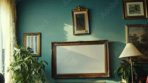Antique-style framed TV on teal wall with art and plants