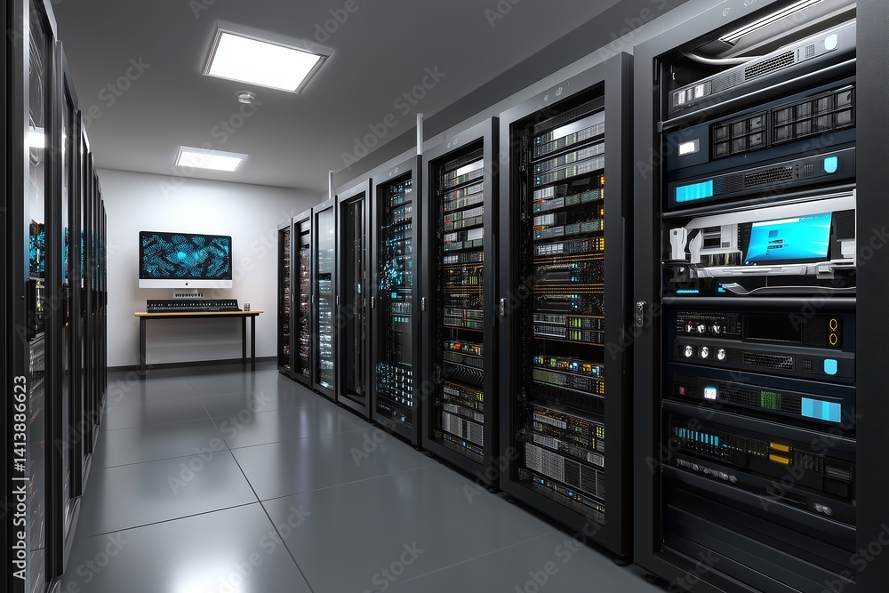 Server room with rows of racks and a computer monitor showing digital data. Concept of data center and information security for internet technology. Server room with rows of racks and a computer monitor showing digital data. Concept of data center and information security for internet technology.