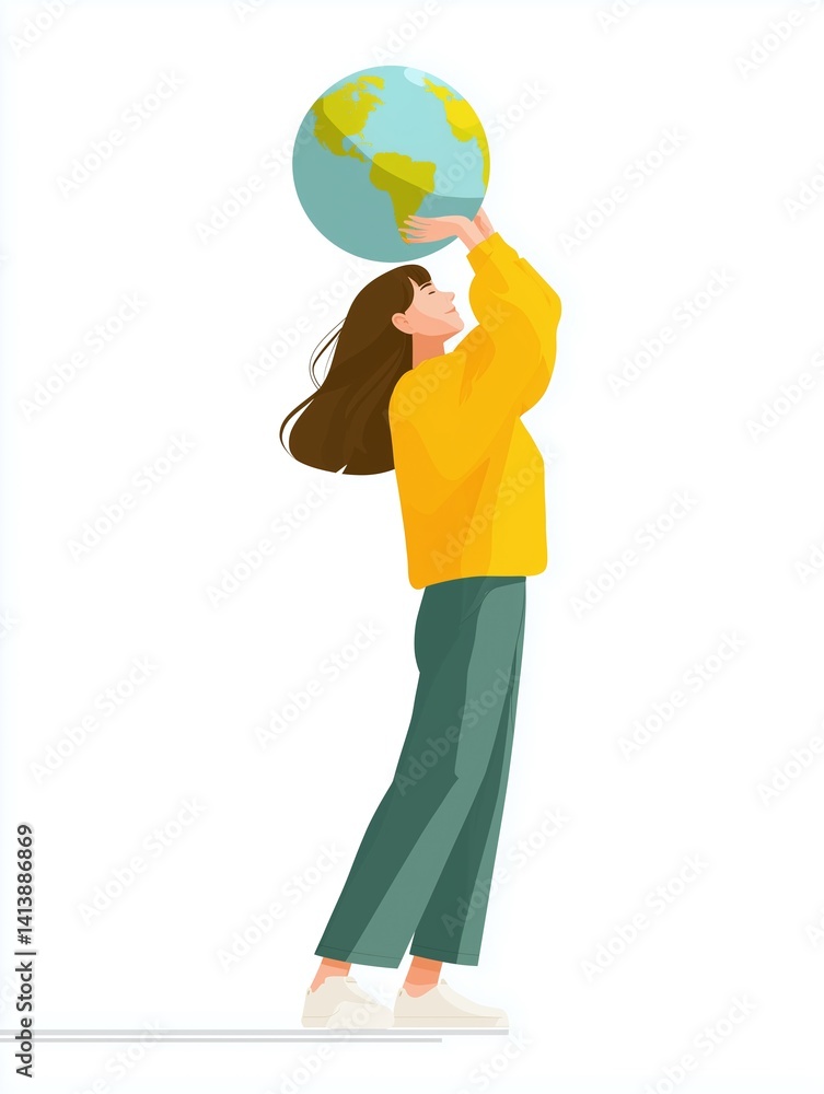 Fototapeta premium Woman holding globe with care, illustrating environmental responsibility and global awareness. Concept of planet protection and Earth Day celebration