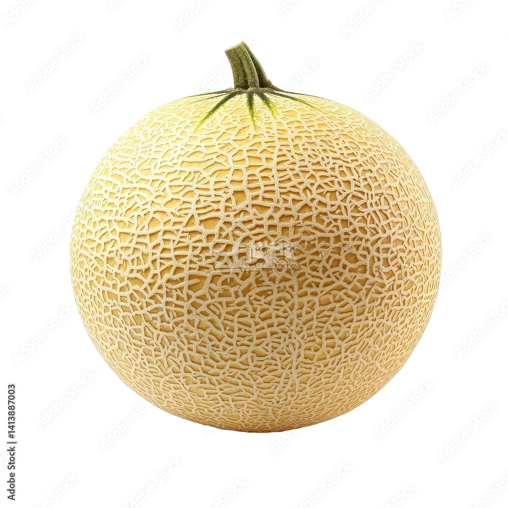Ripe melon ready for consumption, showcasing its textured surface against a stark Transparent background, Ripe melon isolated on PNG background Ripe melon ready for consumption, showcasing its textured surface against a stark Transparent background, Ripe melon isolated on PNG background