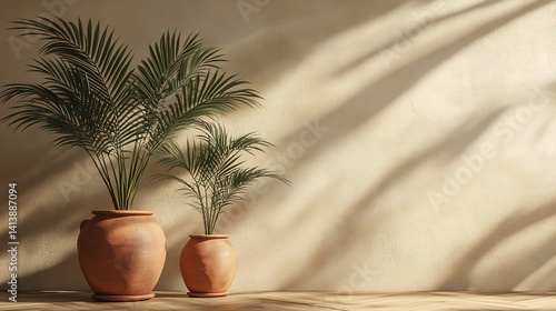Warm interior featuring terracotta pots with palm plants casting shadows on a textured wall