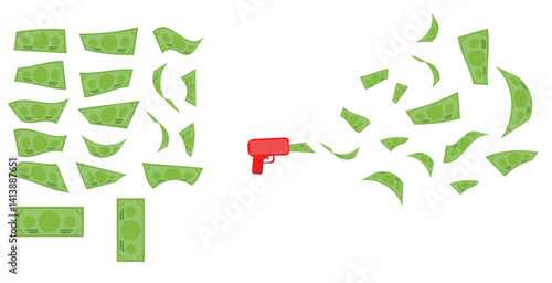 Cartoon Money Gun Shooting Flying Dollar Bills Illustration