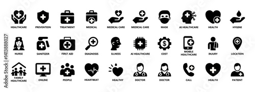 Vector set of healthcare and medical icons including doctor, treatment, AI healthcare, sanitizer, patient, diagnosis, hygiene, and more. Ideal for apps, websites, and health materials. Icons, symbols.