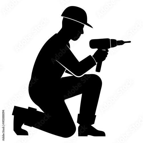 Silhouette of worker with drill on one knee
