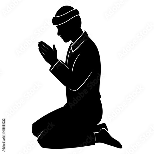 Silhouette of a man praying on his knees