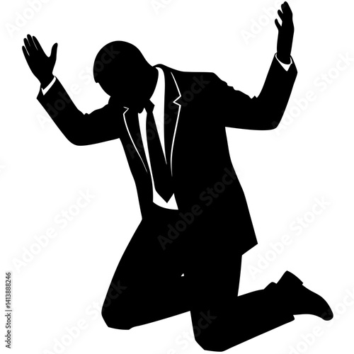Silhouette of man kneeling with hands raised