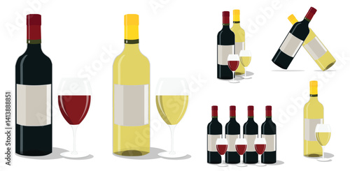 Wine Bottles and Glasses Vector Set – Red and White Wine Illustrations