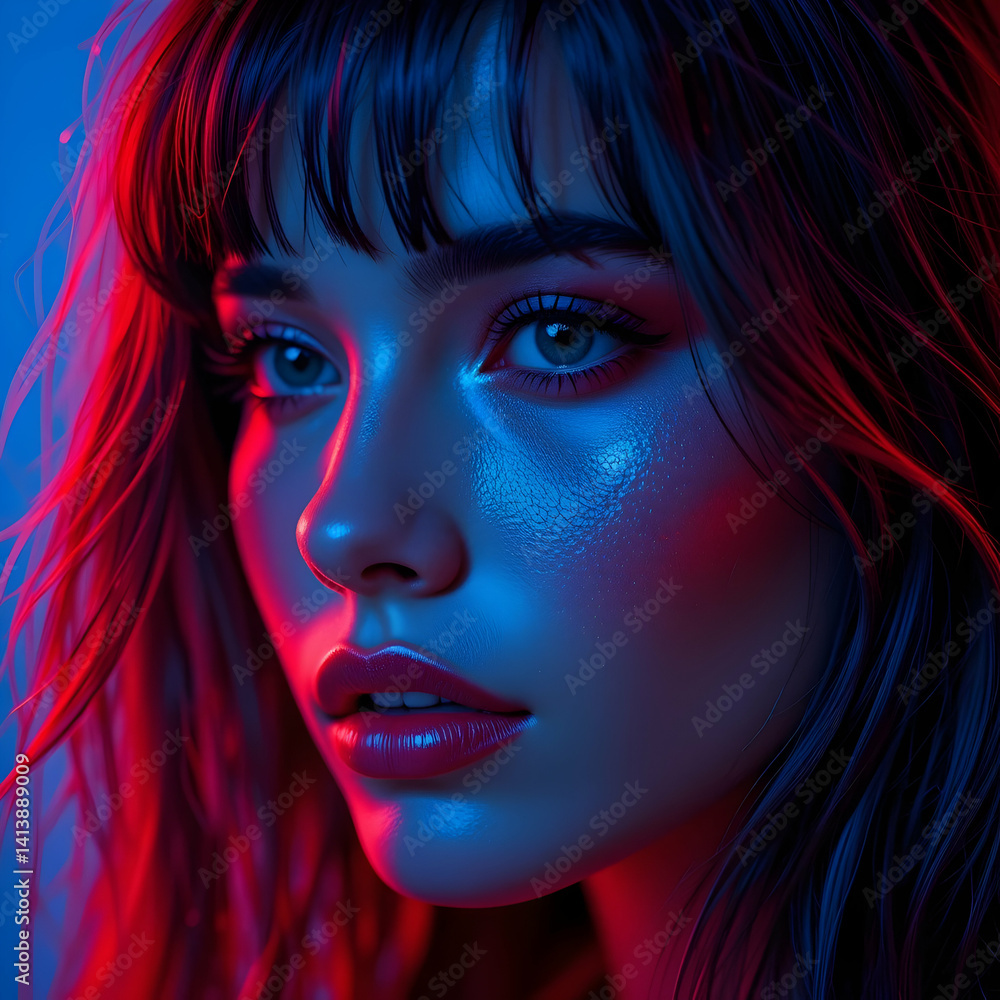 Person Glowing with Blue and Red Lights Portrait Person Glowing with Blue and Red Lights Portrait