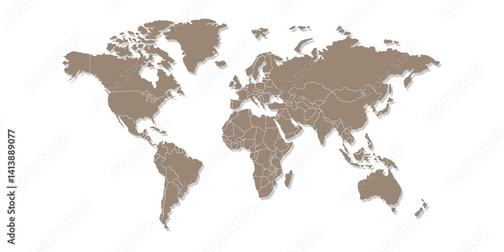 Obraz premium Brown World Map – Flat Vector Political Map Illustration