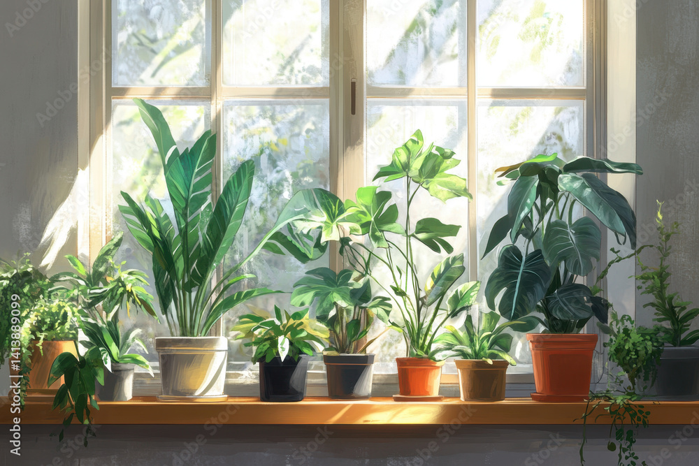 Potted plants sit on a window sill, with sunlight streaming in, casting shadows on the ledge. Bright flowers add a pop of color against the white frame. Potted plants sit on a window sill, with sunlight streaming in, casting shadows on the ledge. Bright flowers add a pop of color against the white frame.