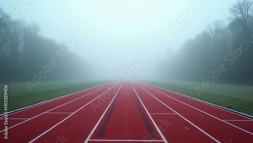 Empty Olympic-style running track in early morning fog, red lanes stretching into the distance. Motivational sports concept symbolizing discipline and progress. Room for text overlay.

