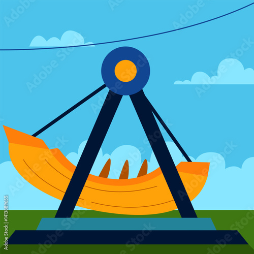A large yellow pirate ship ride swings back and forth under a clear blue sky in a fun park.