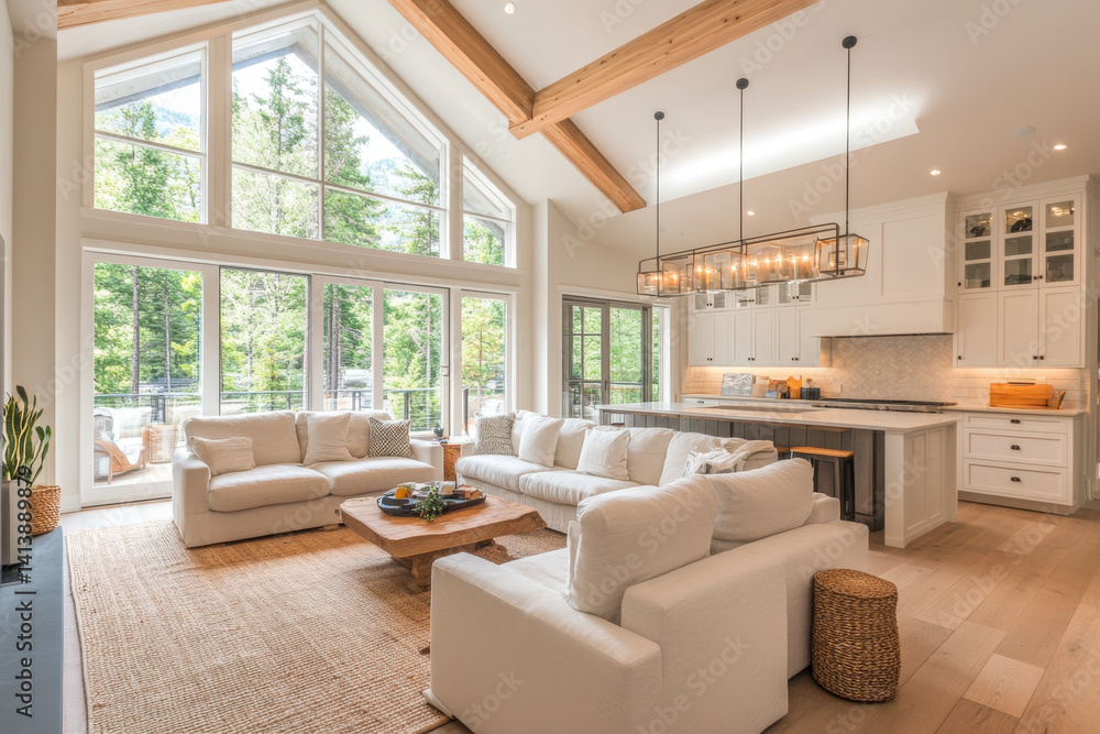 Spacious living room with vaulted ceiling and large window, flooded with natural light. Classic decor accents and cozy seating arrangement. Spacious living room with vaulted ceiling and large window, flooded with natural light. Classic decor accents and cozy seating arrangement.