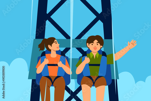 Two friends are strapped in a drop tower ride, sharing excitement and looking at each other mid-air.