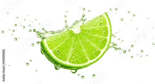 Mid-air lime slice with vivid splash and scattered water drops