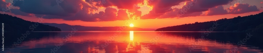 Fototapeta premium Fiery sunset paints sky, reflecting on calm District Lake water, outdoor, majestic, nature