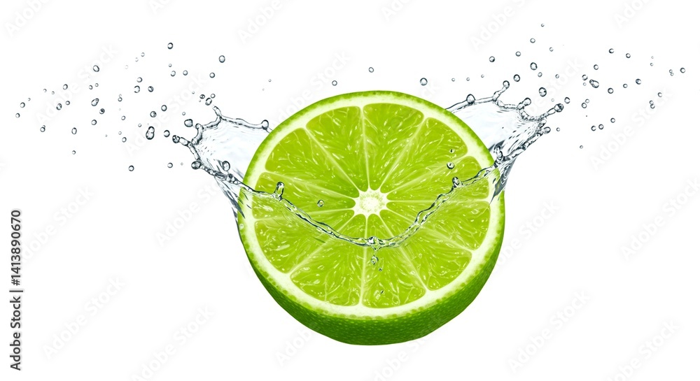Mid-air lime slice with vivid splash and scattered water drops Mid-air lime slice with vivid splash and scattered water drops