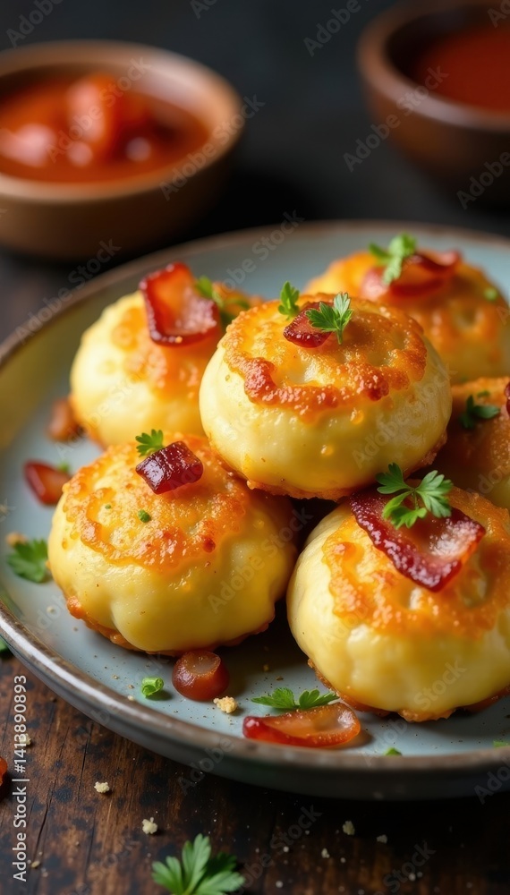 Golden-brown dumplings, crispy bacon, sweet onion, golden, homemade Golden-brown dumplings, crispy bacon, sweet onion, golden, homemade