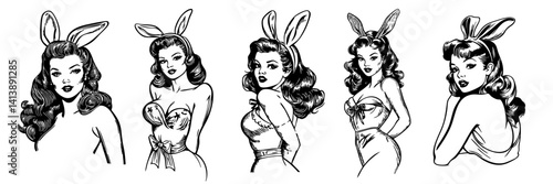 A set of vintage retro pin up style woman wearing easter bunny ears. line art illustration style