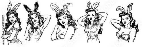 A set of vintage retro pin up style woman wearing easter bunny ears. line art illustration style