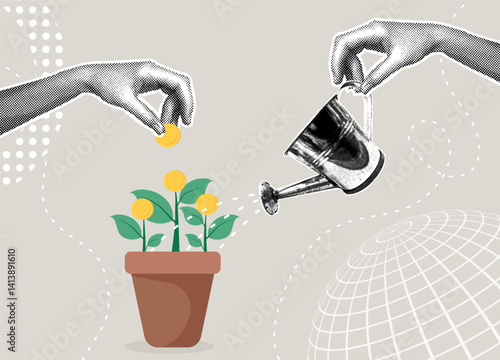 Trendy halftone collage. Investing in growth. Nurturing financial success. Concept of managing savings for interest, passive income,prosperity concept,investment growth.