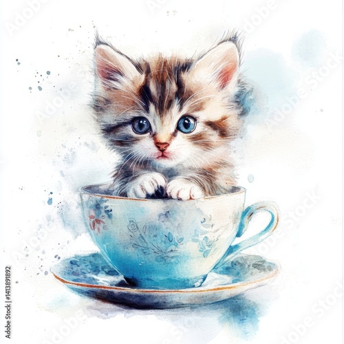 Adorable fluffy brown and tan kitten with bright blue eyes led inside a delicate light blue teacup in a beautiful watercolor painting style