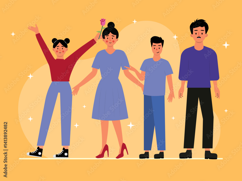 Fototapeta premium Sister raising hand holding flower with mom, little brother and dad standing illustration. Family illustration. Flat vector illustration concept.