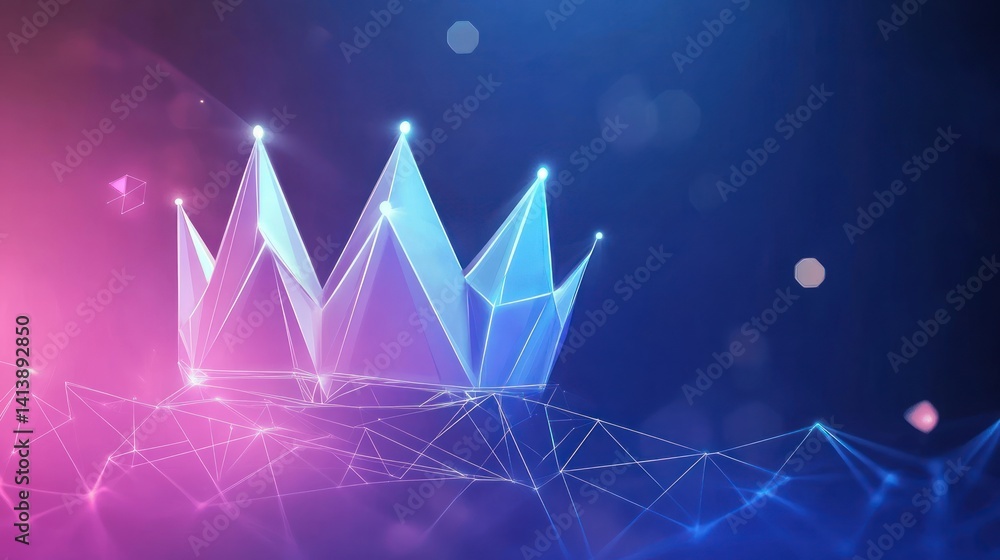 Glowing polygonal crown on digital network, success concept Glowing polygonal crown on digital network, success concept