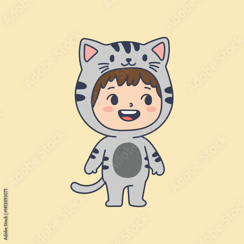 vector illustration of cute little boy wearing gray cat costume