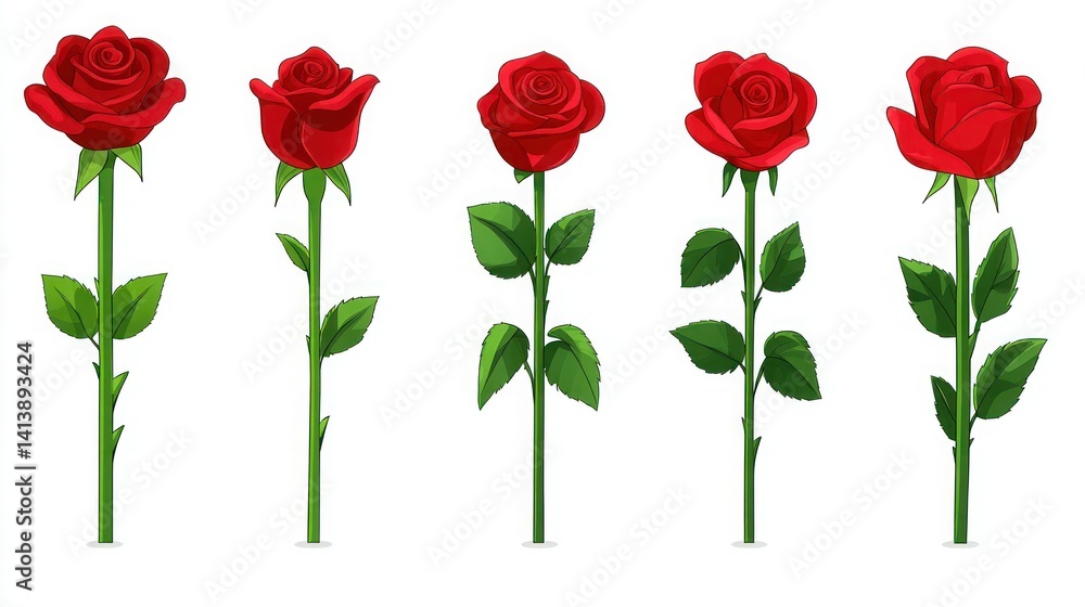 Five vibrant red roses with green stems and leaves, displayed in a row against a white background Five vibrant red roses with green stems and leaves, displayed in a row against a white background